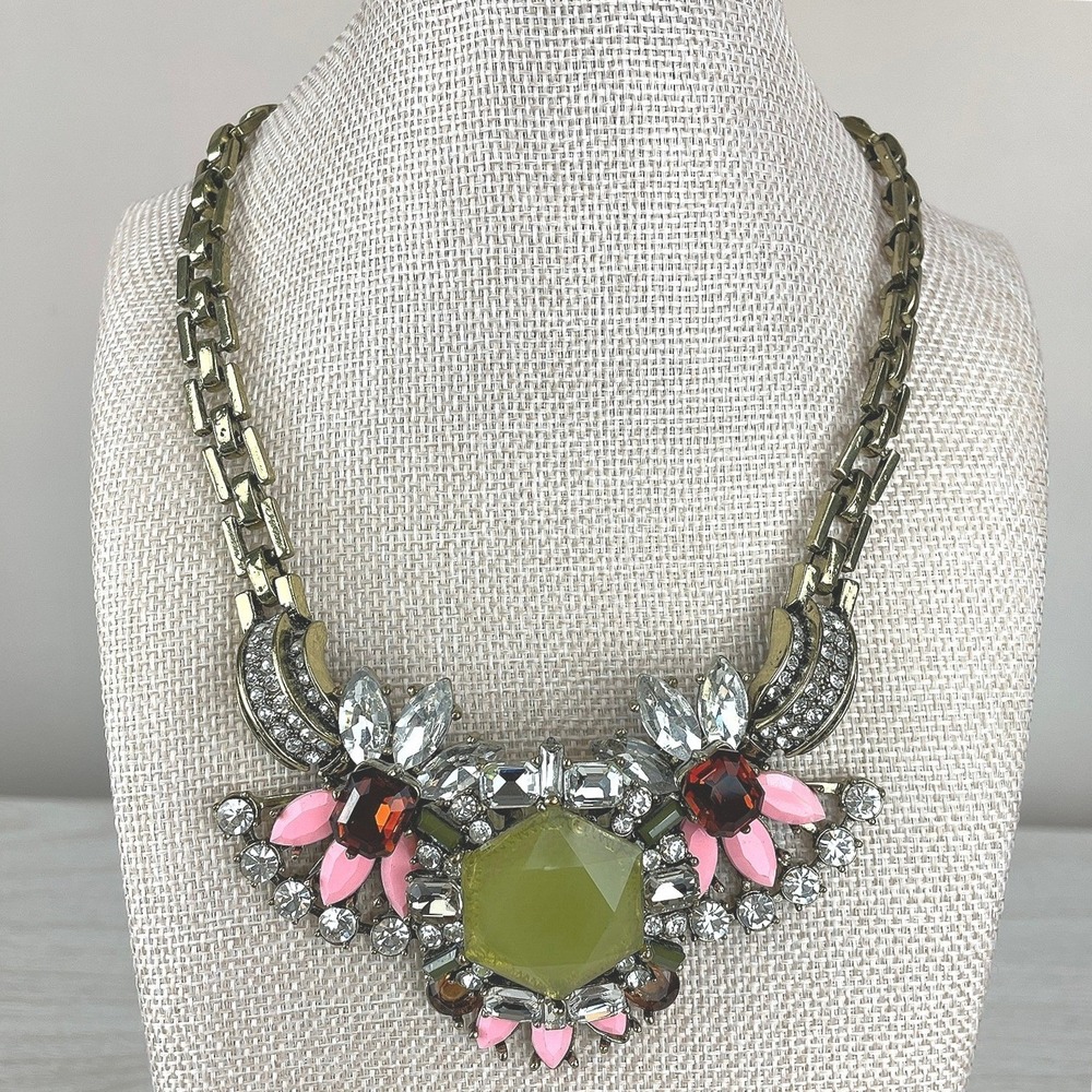 Whimsical Chunky Crystal Necklace Bronze Tone Chain Bling Shabby Chic‎ Statement
